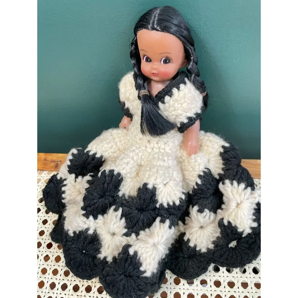 Vintage Doll Handmade Crocheted Black & Cream Dress Long Braids Folk Art Display